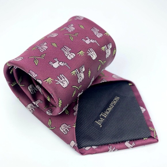 Jim Thompson Tie Mulberry Color - Elephants with Baby Animal Leaf Necktie - Picture 5 of 11